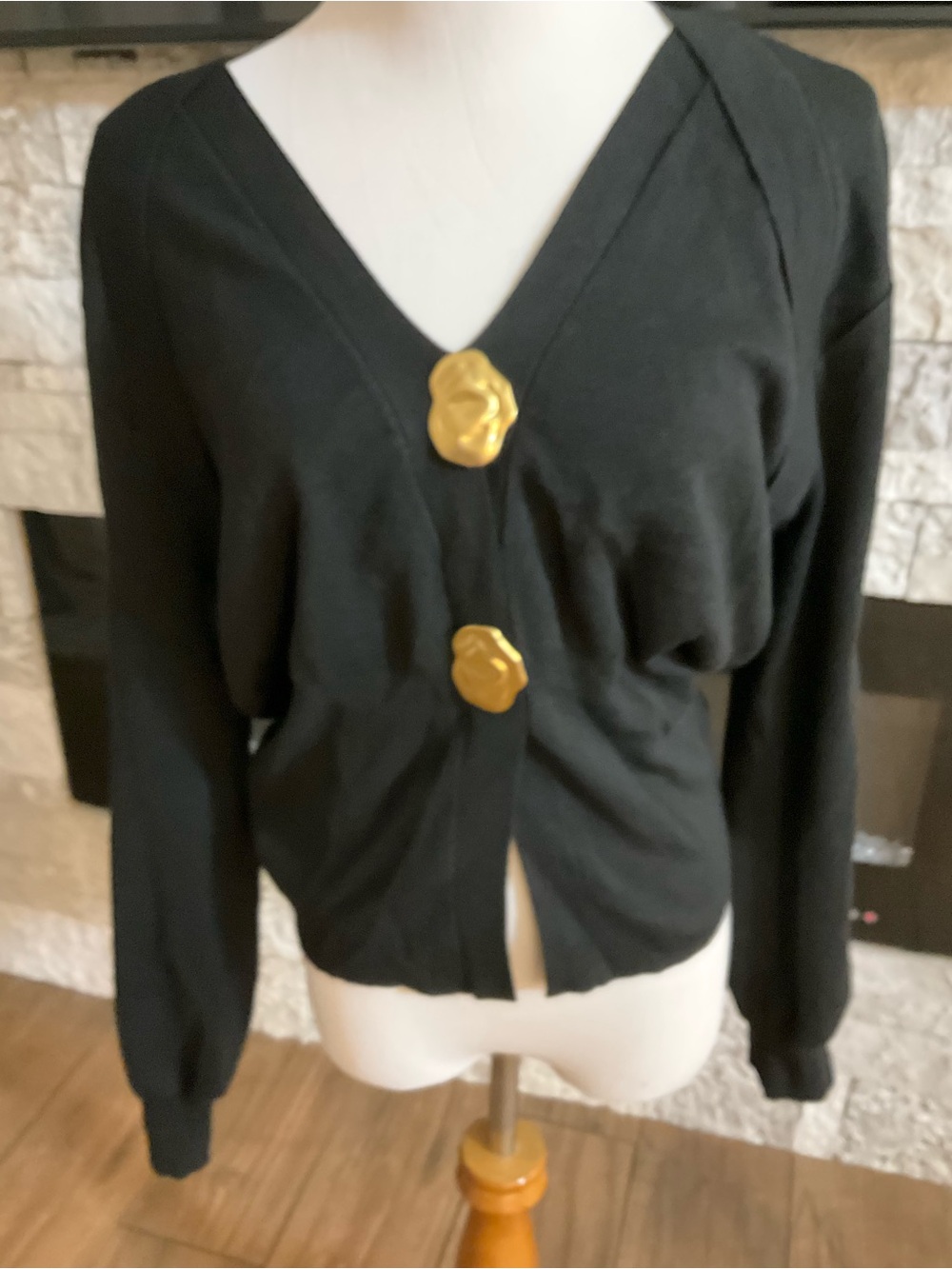 Commense Black V-Neck Cardigan with Gold Floral Buttons Size XL - Picture 2 of 4